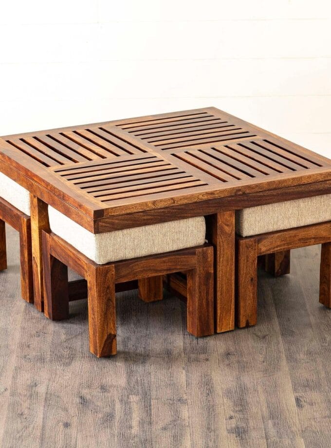Kalpavriksh Solid Acacia Wood Coffee Table With 4 Stool