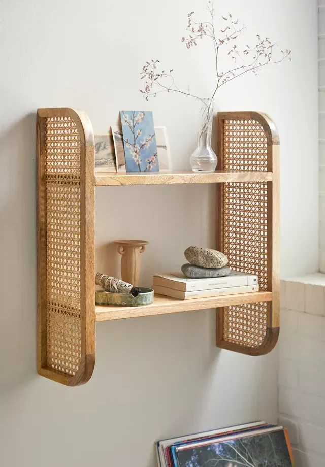 Kalpavriksh Solid Mango Wood And Rattan Cane Wall shelves