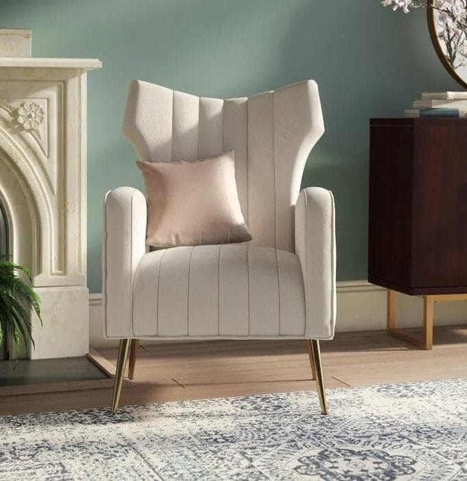 Kalpavriksh Solid Wood Fabric Wing Chair in Beige Colour