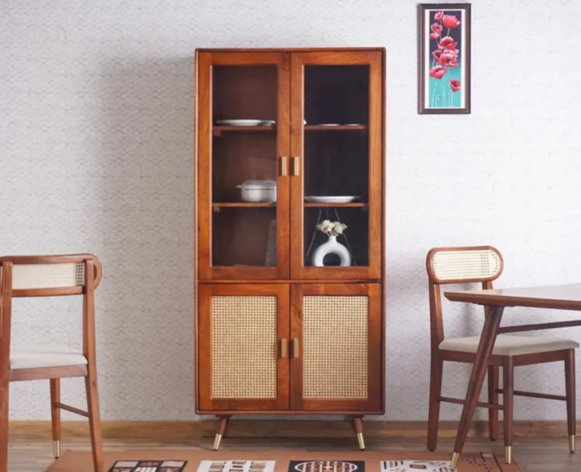 Kalpavriksh Solid Acacia Wood Four Door Crockery Cabinet and Cupboards