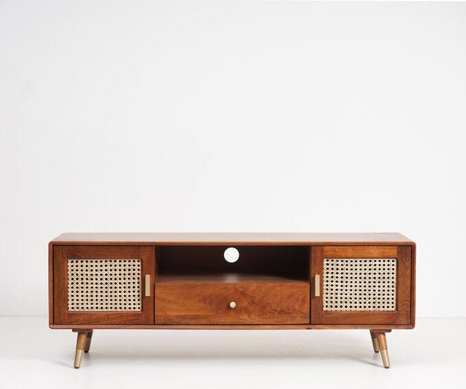 Kalpavriksh Solid Mango Wood Rattan Cane TV Unit