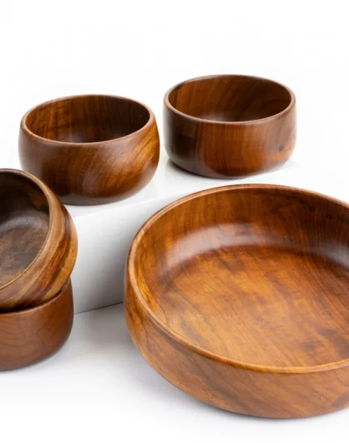 Kalpavriksh Solid Acacia Wood Bowls Set Of 1 Large & 4 Small