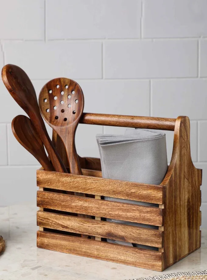 Kalpavriksh Solid Acacia Wood Cutlery Holder/Stand