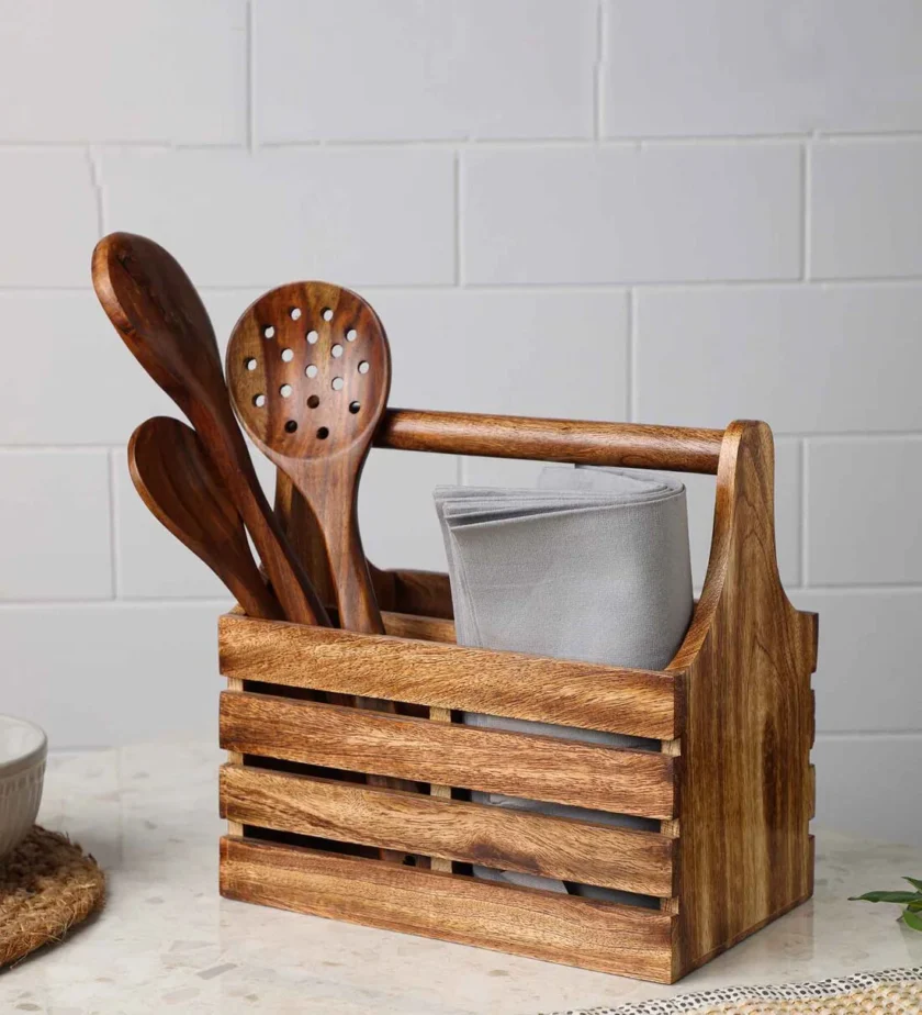 Kalpavriksh Solid Acacia Wood Cutlery Holder/Stand