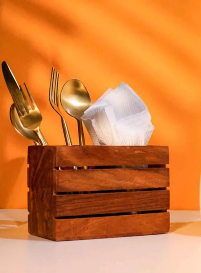 Kalpavriksh Solid Acacia Wood Cutlery Holder/Stand