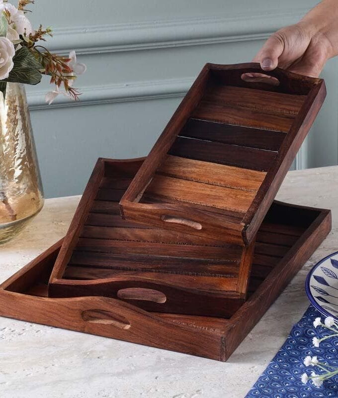Kalpavriksh Solid Acacia Wood Tray Set Of Three