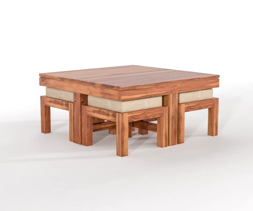 Kalpavriksh Solid Acacia Wood Coffee Table With 4 Stool